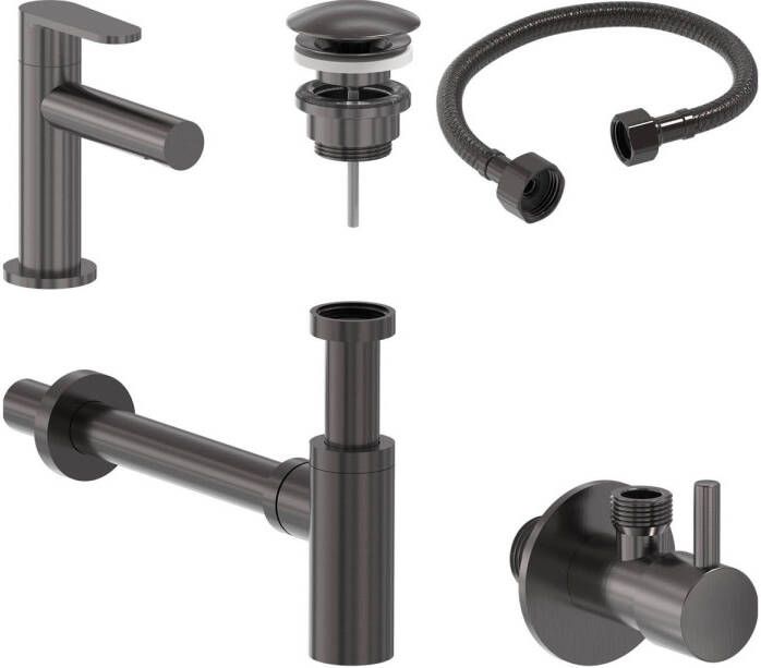MAY Fonteinkraan Combiset+ Forma S Model Fonteinkraan Designplug Always Open Designsifon & Hoekstopkraan Geborsteld Carbon Black PVD