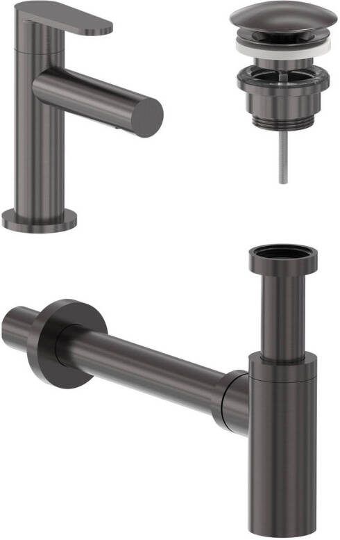 MAY Fonteinkraan Combiset Forma S Model Fonteinkraan Designplug Always Open & Designsifon Geborsteld Carbon Black PVD