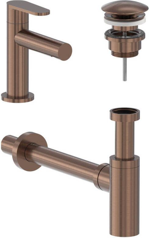 MAY Fonteinkraan Combiset Forma S Model Fonteinkraan Designplug Always Open & Designsifon Geborsteld Mat Koper PVD