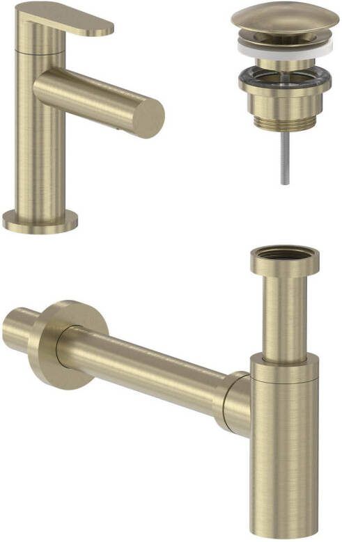 MAY Fonteinkraan Combiset Forma S Model Fonteinkraan Designplug Always Open & Designsifon Geborsteld Mat Goud PVD