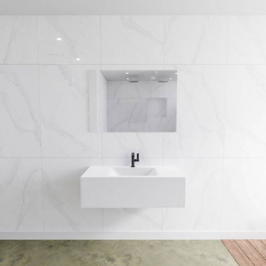 Mondiaz Badkamermeubelset LAGOM 100 cm Gecentreerde Waskom Solid Surface Met 1 Kraangat Mat Wit (1 lade)