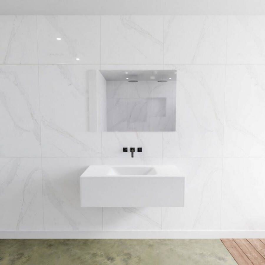 Mondiaz Badkamermeubelset LAGOM 100 cm Gecentreerde Waskom Solid Surface Zonder Kraangaten Mat Wit (1 lade)