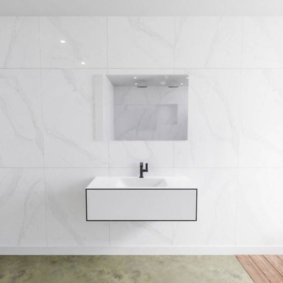 Mondiaz Badkamermeubelset LAGOM 100 cm met Gecentreerde Wastafel Solid Surface Met 1 Kraangat Mat Wit (1 lade)