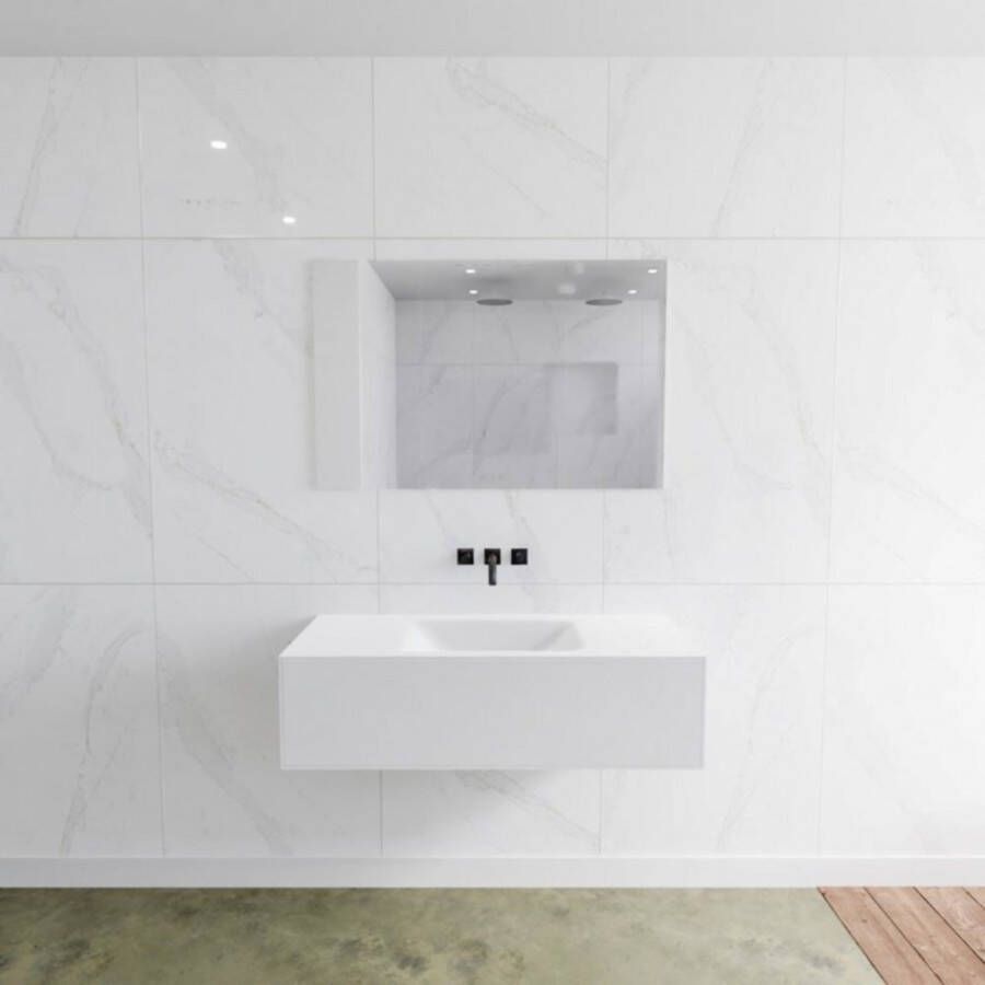 Mondiaz Badkamermeubelset LAGOM 110 cm Gecentreerde Waskom Solid Surface Zonder Kraangaten Mat Wit (1 lade)