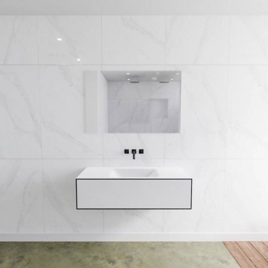 Mondiaz Badkamermeubelset LAGOM 110 cm met Gecentreerde Wastafel Solid Surface Zonder Kraangaten Mat Wit (1 lade)