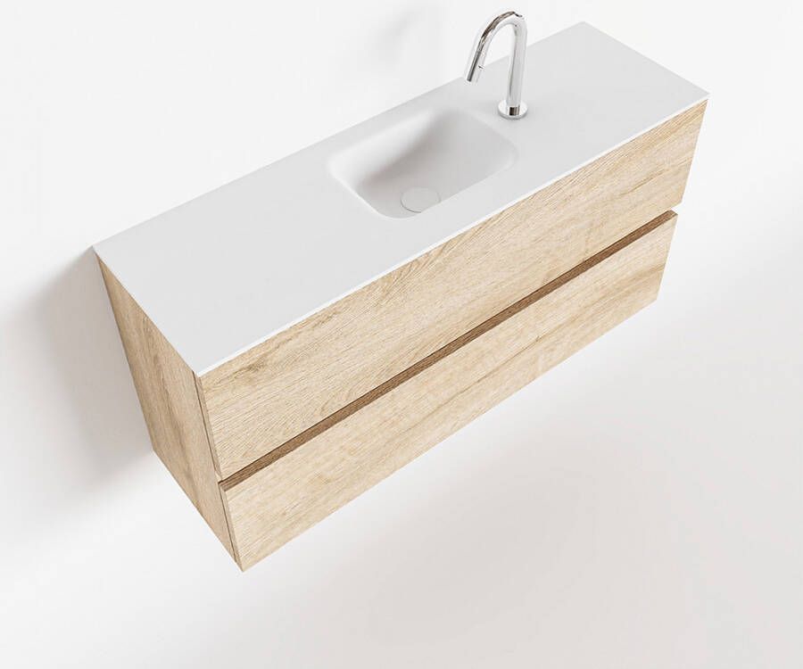 Mondiaz ADA Toiletmeubel 100x30x50cm met 1 kraangaten 2 lades washed oak mat Wastafel Lex midden Solid Surface Wit FK75341987
