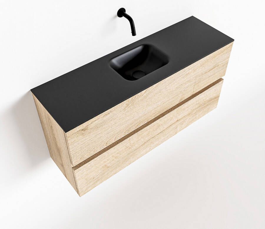 Mondiaz ADA Toiletmeubel 100x30x50cm met 0 kraangaten 2 lades washed oak mat Wastafel Lex midden Solid Surface Zwart FK75342336