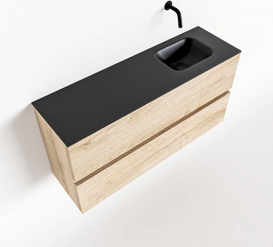 Mondiaz ADA Toiletmeubel 100x30x50cm met 0 kraangaten 2 lades washed oak mat Wastafel Lex rechts Solid Surface Zwart FK75342340