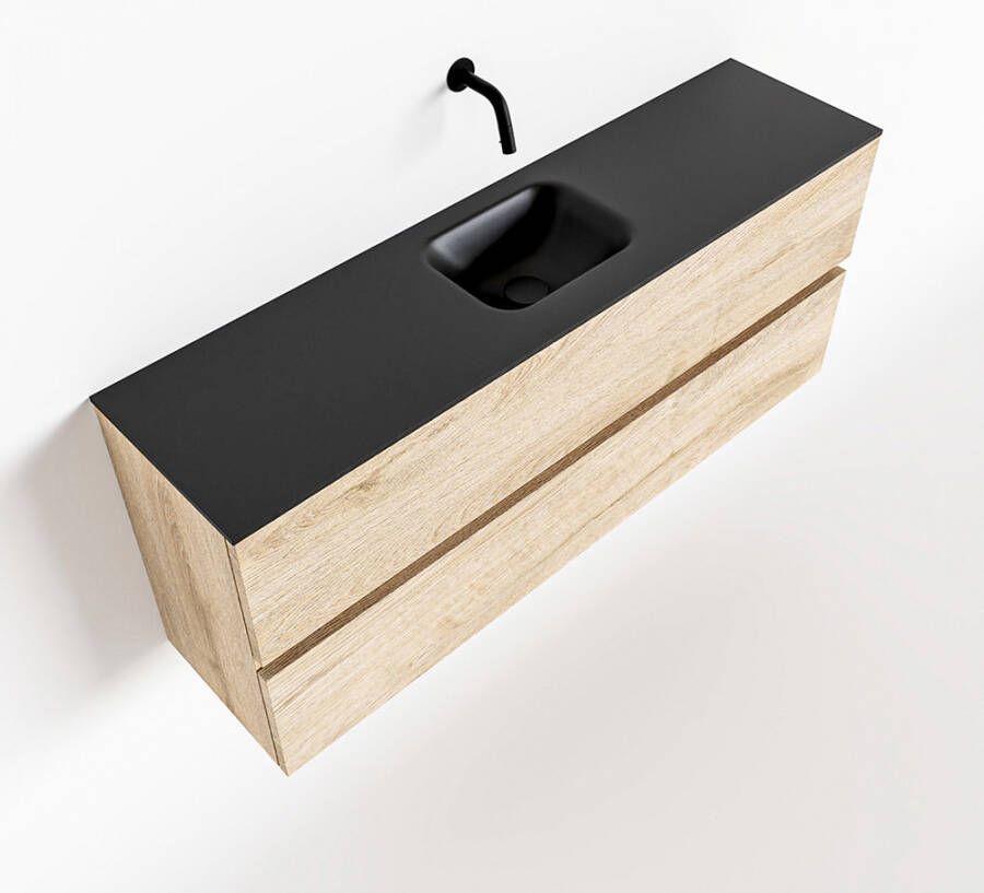 Mondiaz ADA Toiletmeubel 120x30x50cm met 0 kraangaten 2 lades washed oak mat Wastafel Lex midden Solid Surface Zwart FK75342342