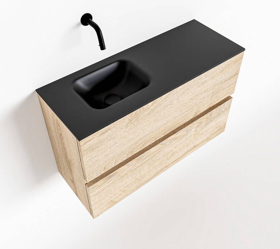 Mondiaz ADA Toiletmeubel 80x30x50cm met 0 kraangaten 2 lades washed oak mat Wastafel Lex links Solid Surface Zwart FK75342332