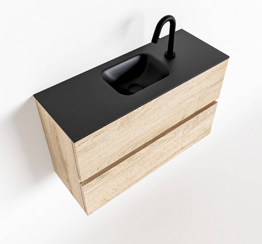 Mondiaz ADA Toiletmeubel 80x30x50cm met 1 kraangaten 2 lades washed oak mat Wastafel Lex midden Solid Surface Zwart FK75342329