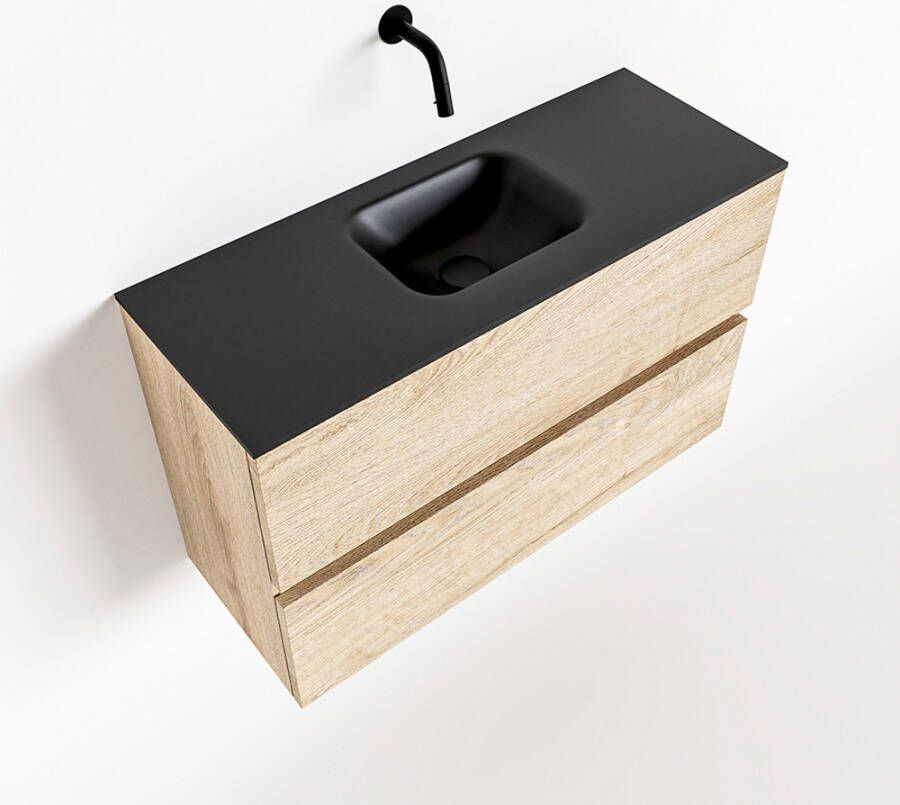 Mondiaz ADA Toiletmeubel 80x30x50cm 0 kraangaten 2 lades washed oak mat wasbak midden Solid surface Zwart FK75342330