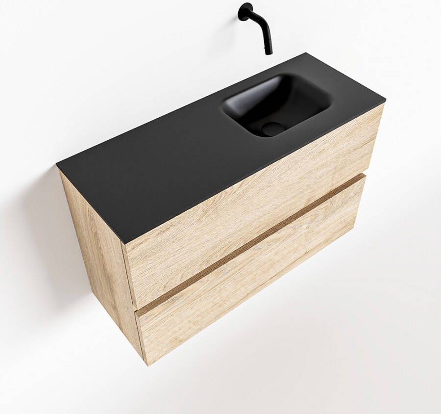 Mondiaz ADA Toiletmeubel 80x30x50cm met 0 kraangaten 2 lades washed oak mat Wastafel Lex rechts Solid Surface Zwart FK75342334