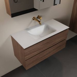 Mondiaz AIVY 100cm badmeubel Mocha wastafel Talc solid surface midden zonder kraangat met spiegelkast (AI-351321TALC-NO AI-M100MOMI AI-C100MOMI)