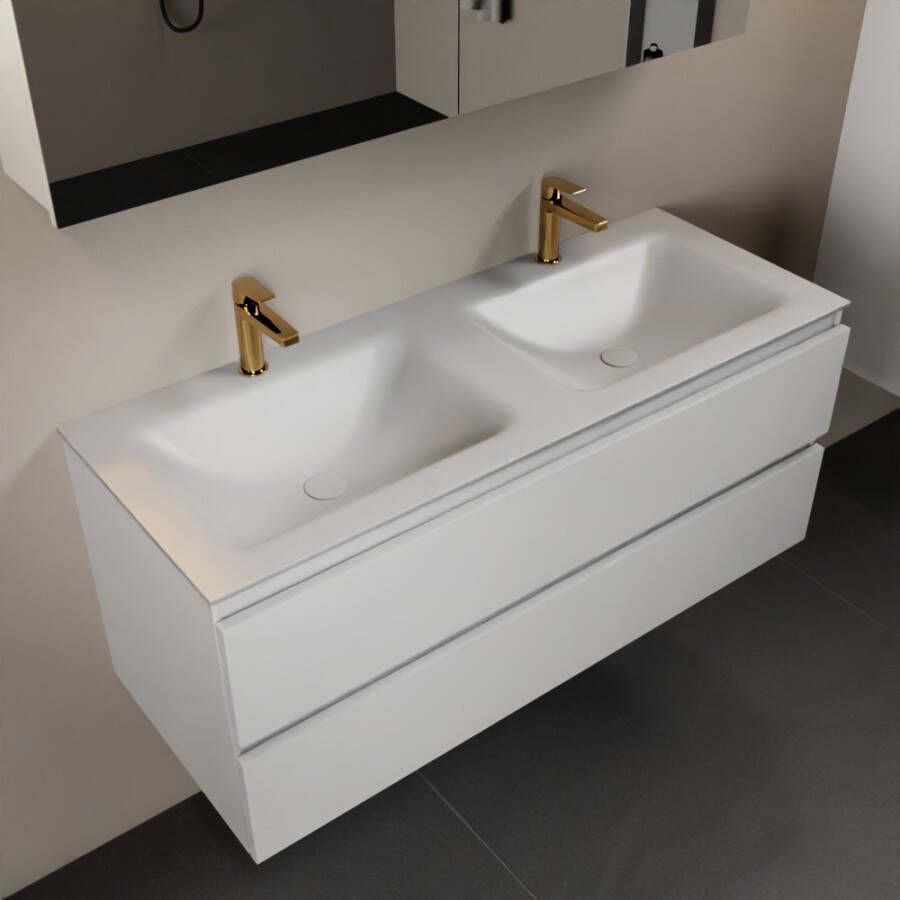 Mondiaz Aivy badmeubelset 120x45x50cm 2 kraangaten 2 wasbakken talc Solid surface Links en rechts 2 lades Met spiegelkast MDF Talc AIVY80315
