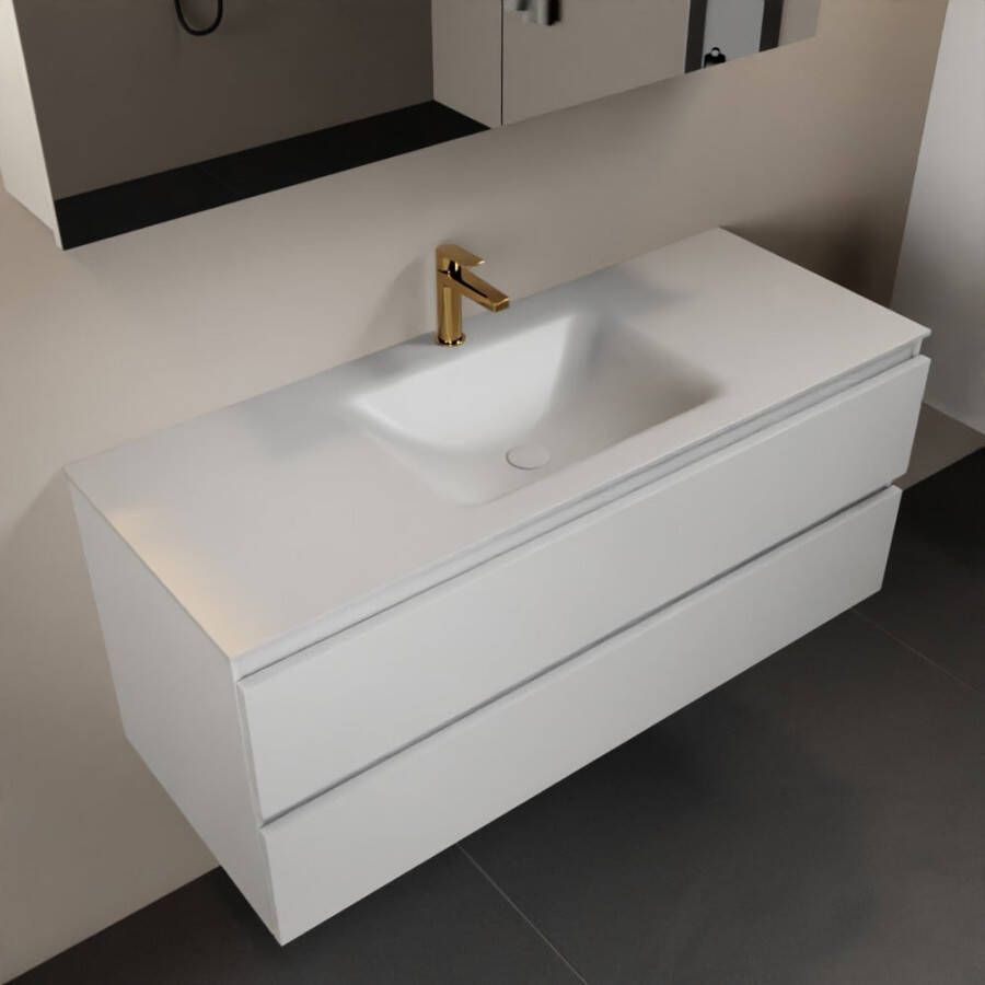 Mondiaz AIVY 120cm badmeubel Talc wastafel Talc solid surface midden 1 kraangat met spiegelkast (AI-351621TALC-SI AI-M120TAMI AI-C120TAMI)