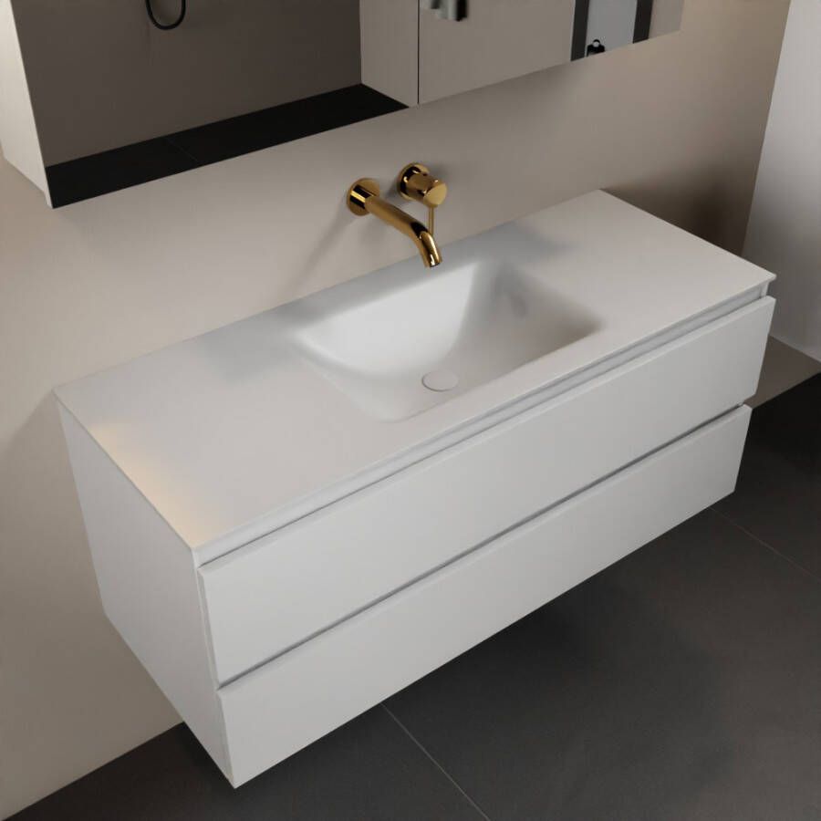 Mondiaz AIVY 120cm badmeubel Talc wastafel Talc solid surface midden zonder kraangat met spiegelkast (AI-351621TALC-NO AI-M120TAMI AI-C120TAMI)