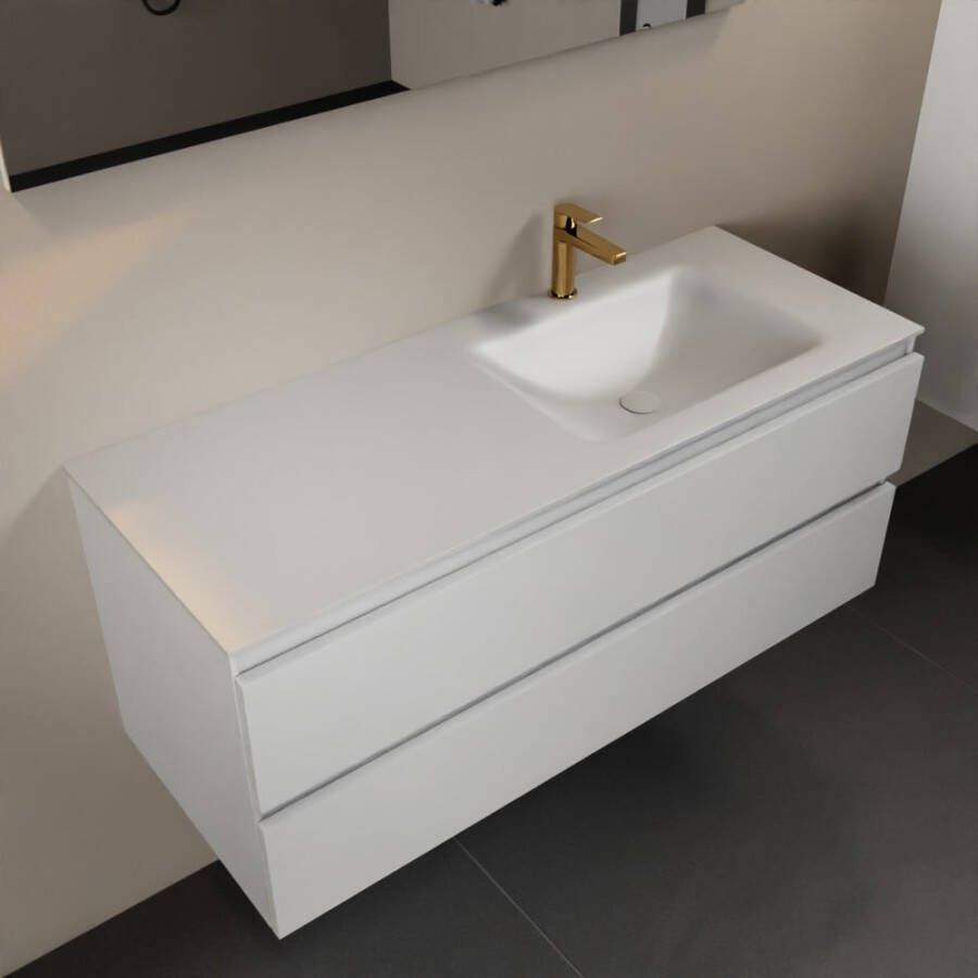 Mondiaz AIVY 120cm badmeubel Talc wastafel Talc solid surface rechts 1 kraangat met spiegel (AI-351641TALC-SI AI-M120TARE AI-S120X72)