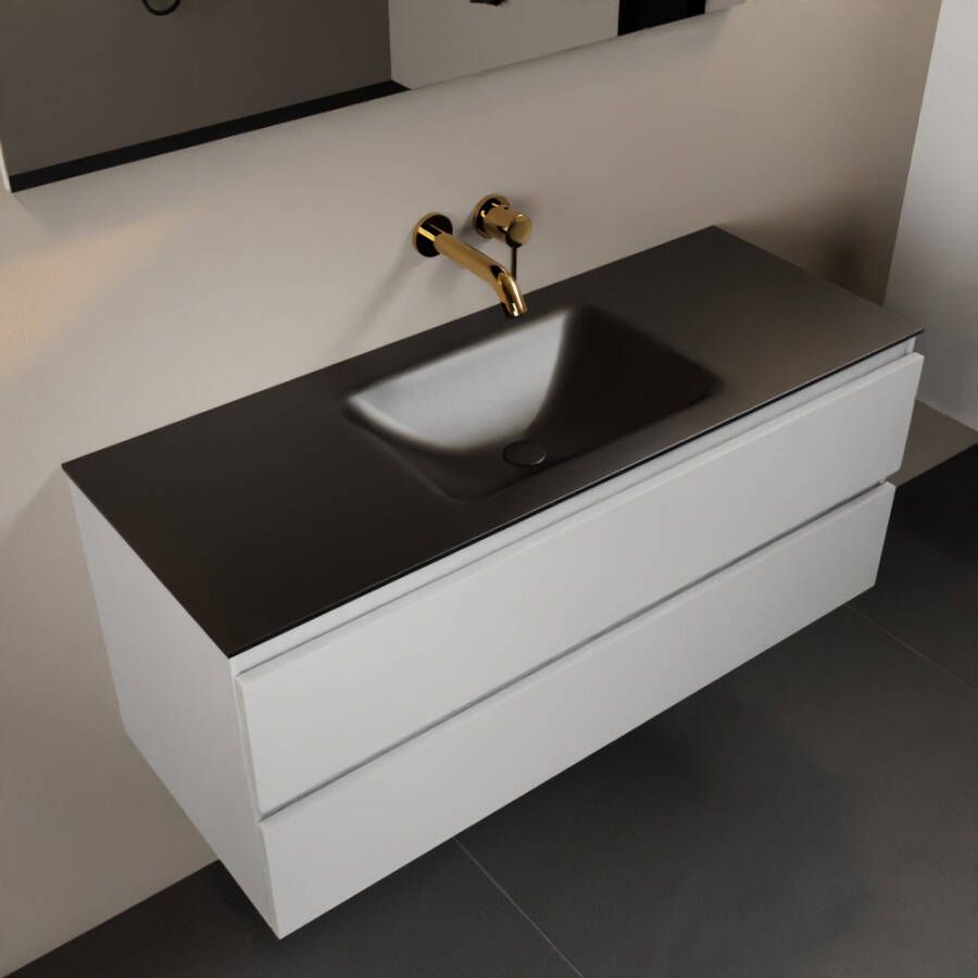 Mondiaz AIVY 120cm badmeubel Talc wastafel Urban solid surface midden zonder kraangat met spiegel (AI-351621URBAN-NO AI-M120TAMI AI-S120X70)