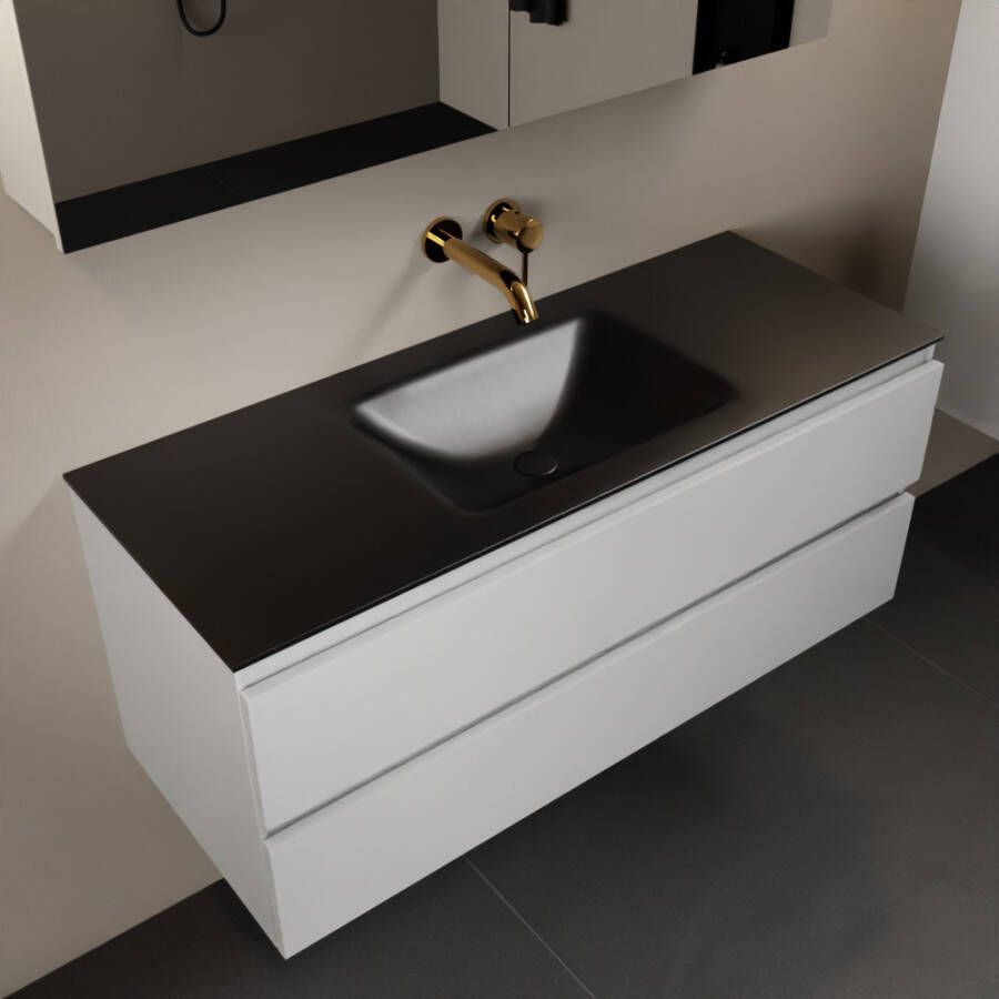 Mondiaz AIVY 120cm badmeubel Talc wastafel Urban solid surface midden zonder kraangat met spiegelkast (AI-351621URBAN-NO AI-M120TAMI AI-C120TAMI)