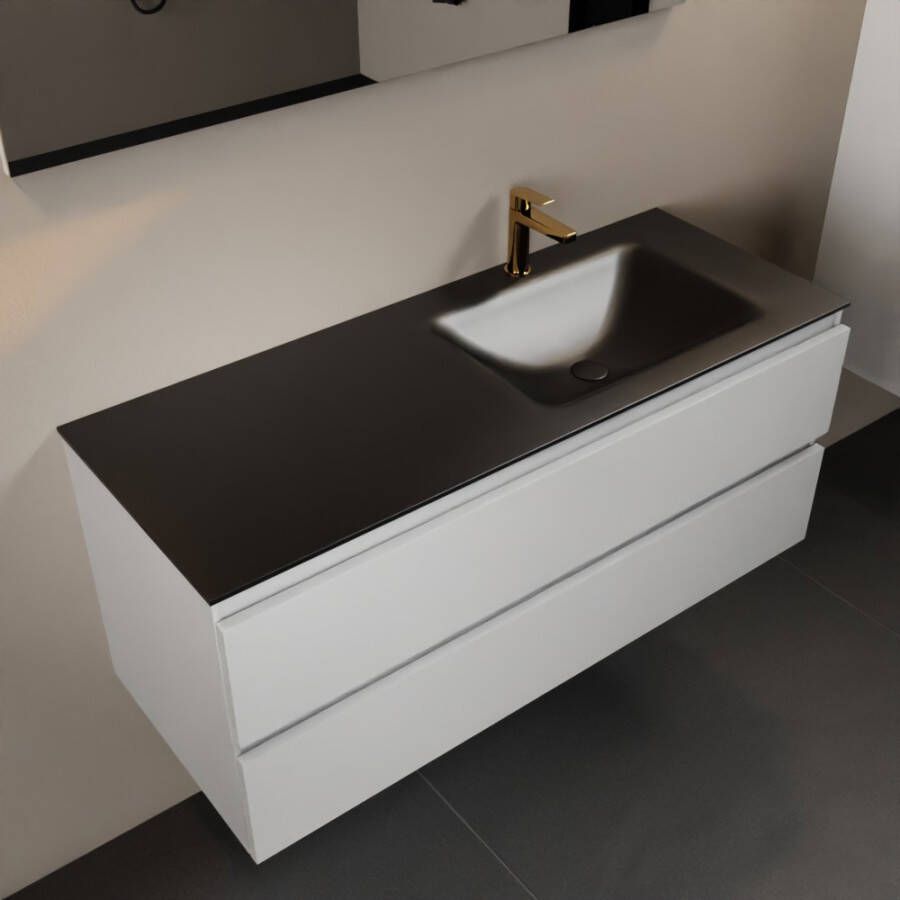 Mondiaz AIVY 120cm badmeubel Talc wastafel Urban solid surface rechts 1 kraangat met spiegel (AI-351641URBAN-SI AI-M120TARE AI-S120X72)