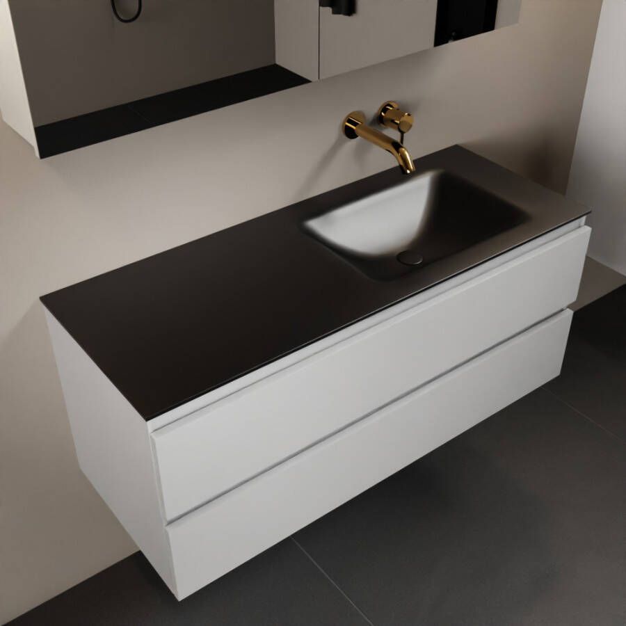 Mondiaz AIVY 120cm badmeubel Talc wastafel Urban solid surface rechts zonder kraangat met spiegelkast (AI-351641URBAN-NO AI-M120TARE AI-C120TAMI)