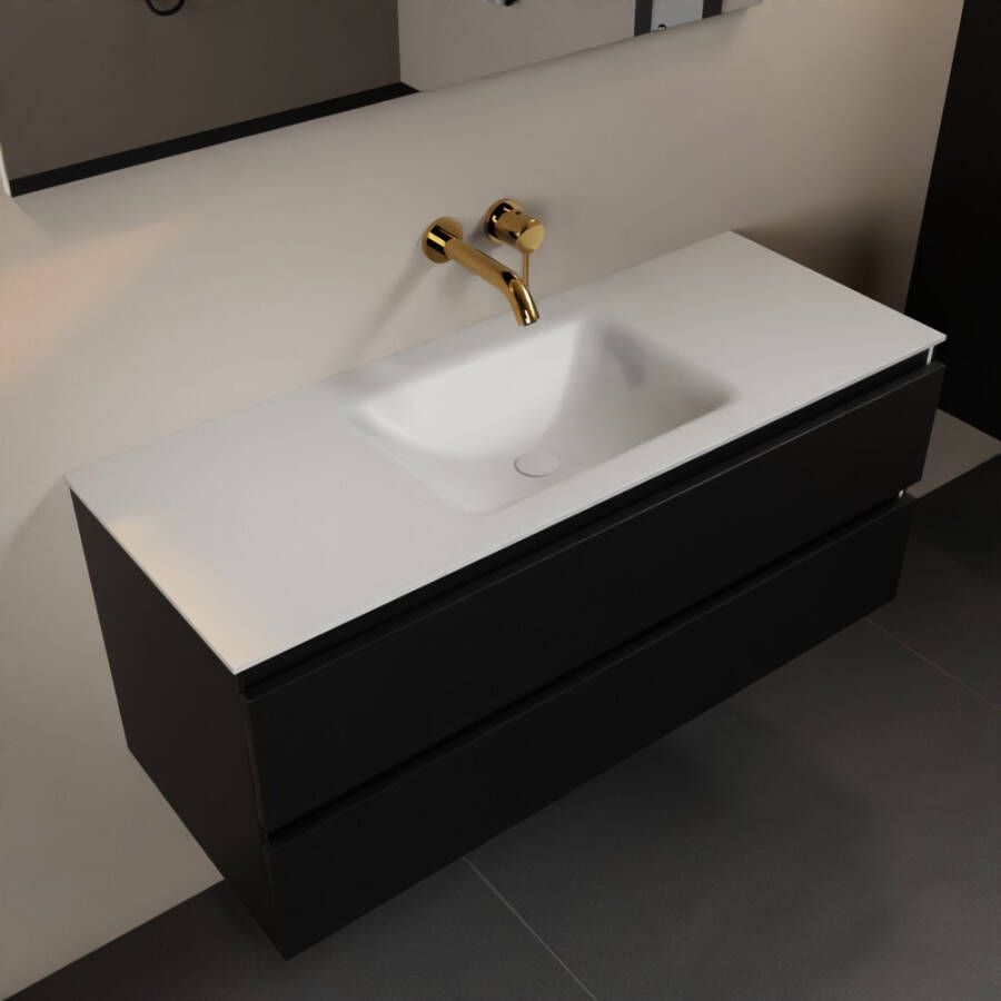 Mondiaz AIVY 120cm badmeubel Urban wastafel Talc solid surface midden zonder kraangat met spiegel (AI-351621TALC-NO AI-M120URMI AI-S120X70)