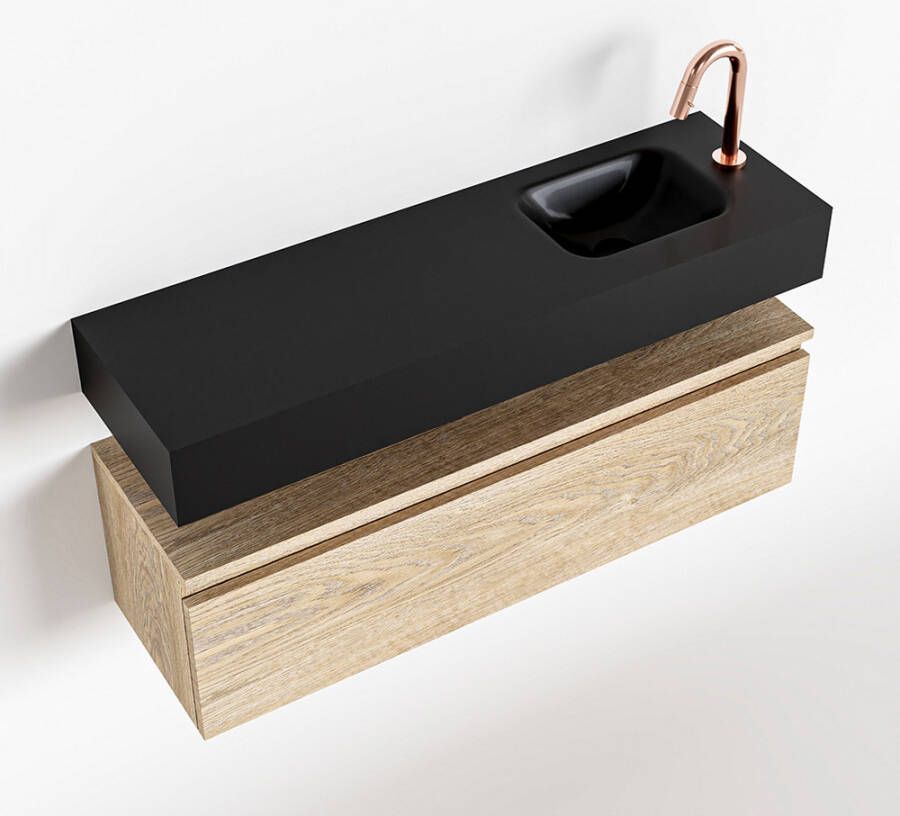 Mondiaz ANDOR Toiletmeubel 100x30x30cm met 1 kraangaten 1 lades washed oak mat Wastafel Lex rechts Solid Surface Zwart FK75343731