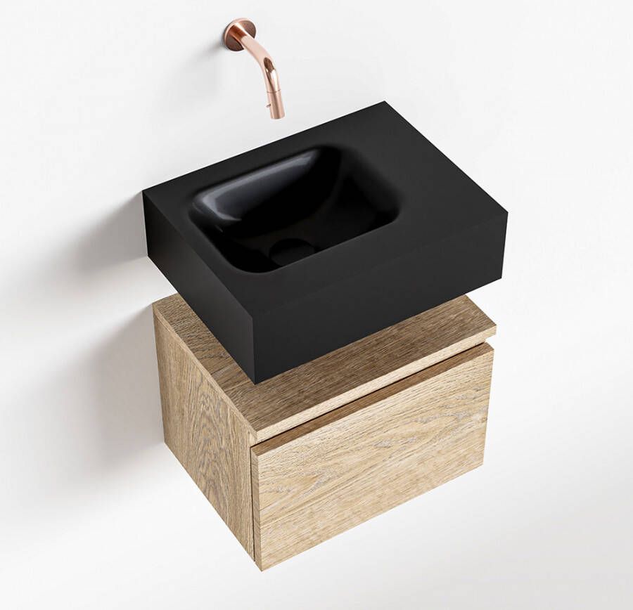 Mondiaz ANDOR Toiletmeubel 40x30x30cm met 0 kraangaten 1 lades washed oak mat Wastafel Lex links Solid Surface Zwart FK75343712