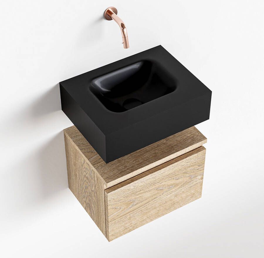 Mondiaz ANDOR Toiletmeubel 40x30x30cm met 0 kraangaten 1 lades washed oak mat Wastafel Lex midden Solid Surface Zwart FK75343710
