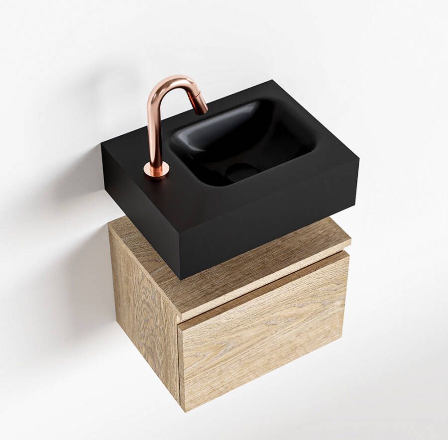 Mondiaz ANDOR Toiletmeubel 40x30x30cm met 1 kraangaten 1 lades washed oak mat Wastafel Lex rechts Solid Surface Zwart FK75343713