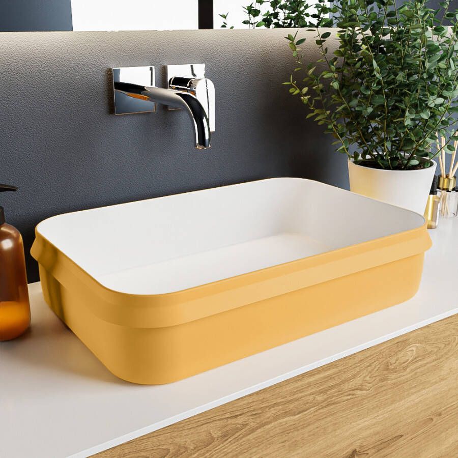 Mondiaz Arvo waskom 55x38x13cm rechthoek opbouw Solid Surface Ocher Talc M80179OcherTalc