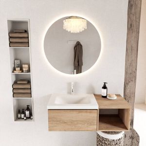 Mondiaz BUKLA badmeubelset 100x45x34cm 1 kraangat wasbak links solid surface Urban greeploos 1 lade met softclose Melamine Washed Oak BUKLA20046