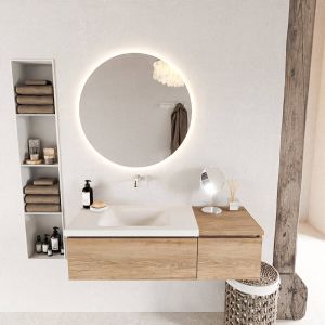 Mondiaz BUKLA badmeubelset 120x45x34cm 0 kraangaten wasbak links solid surface Talc greeploos 2 lades met softclose Melamine Washed Oak BUKLA10023