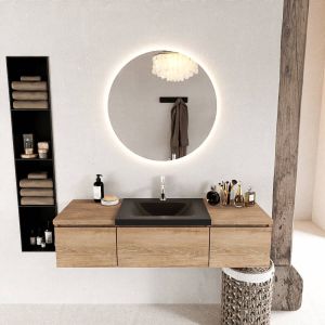 Mondiaz BUKLA badmeubelset 140x45x34cm 1 kraangat wasbak midden solid surface Talc greeploos 3 lades met softclose Melamine Washed Oak BUKLA10014