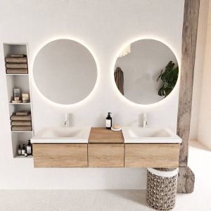 Mondiaz BUKLA badmeubelset 160x45x34cm 2 kraangaten 2 wasbakken solid surface Urban greeploos 3 lades met softclose Melamine Washed Oak BUKLA10080