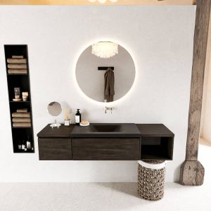 Mondiaz BUKLA badmeubelset 160x45x34cm 1 kraangat wasbak midden solid surface Talc greeploos 2 lades met softclose Melamine Dark brown BUKLA20118