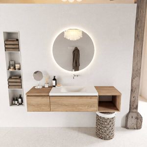 Mondiaz BUKLA badmeubelset 160x45x34cm 1 kraangat wasbak midden solid surface Talc greeploos 2 lades met softclose Melamine Washed Oak BUKLA20030