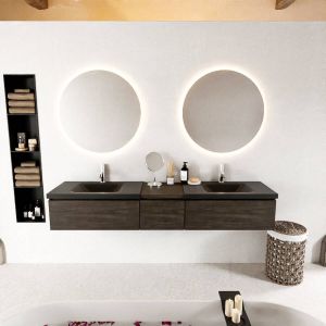 Mondiaz BUKLA badmeubelset 200x45x34cm 2 kraangaten 2 wasbakken solid surface Talc greeploos 3 lades met softclose Melamine Dark brown BUKLA10158