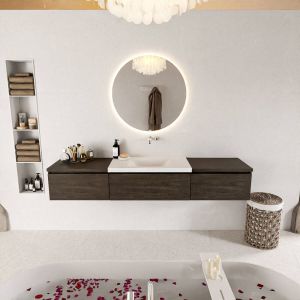 Mondiaz BUKLA badmeubelset 200x45x34cm 0 kraangaten wasbak midden solid surface Talc greeploos 3 lades met softclose Melamine Dark brown BUKLA10183
