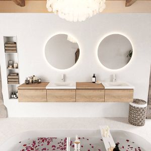 Mondiaz BUKLA badmeubelset 240x45x34cm 2 kraangaten 2 wasbakken solid surface Urban greeploos 4 lades met softclose Melamine Washed Oak BUKLA10110