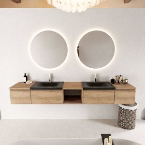 Mondiaz BUKLA Badkamermeubelset 240x45x34cm 2 kraangaten 2 wasbakken solid surface Talc greeploos 4 lades Melamine Washed Oak BUKLA20018