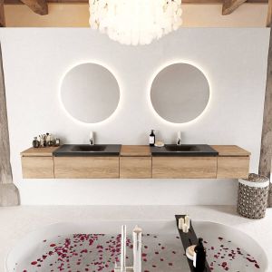 Mondiaz BUKLA badmeubelset 280x45x34cm 2 kraangaten 2 wasbakken solid surface Talc greeploos 5 lades met softclose Melamine Washed Oak BUKLA10036
