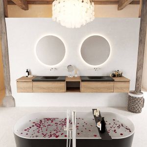 Mondiaz BUKLA badmeubelset 280x45x34cm 2 kraangaten 2 wasbakken solid surface Talc greeploos 4 lades met softclose Melamine Washed Oak BUKLA20040