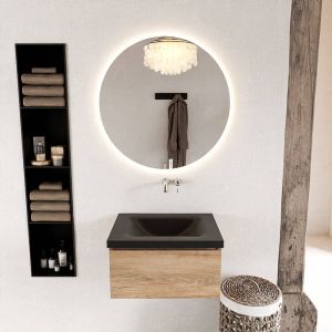 Mondiaz BUKLA Badkamermeubelset 60x45x34cm 0 kraangaten wasbak midden solid surface Talc greeploos 1 lade Melamine Washed Oak BUKLA10001