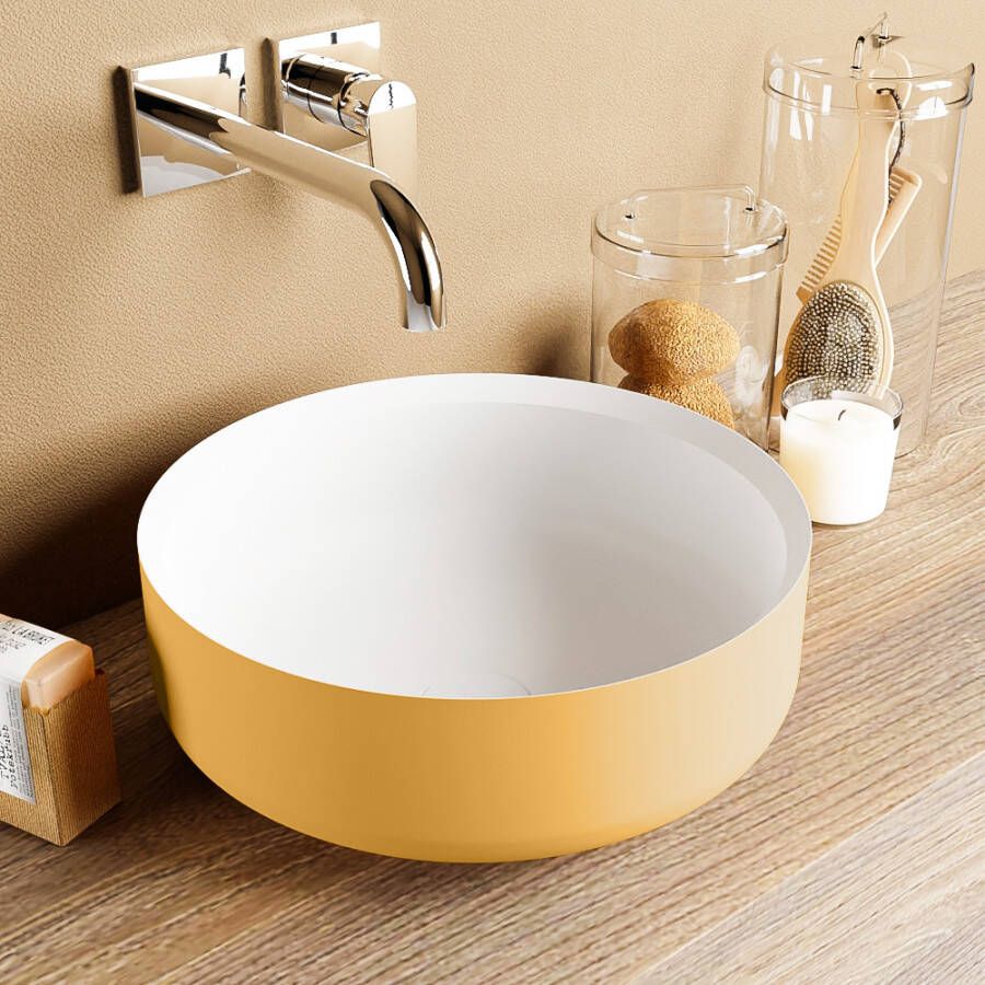 Mondiaz Coss waskom 36x36x13cm rond opbouw Solid Surface Ocher Talc M49901OcherTalc