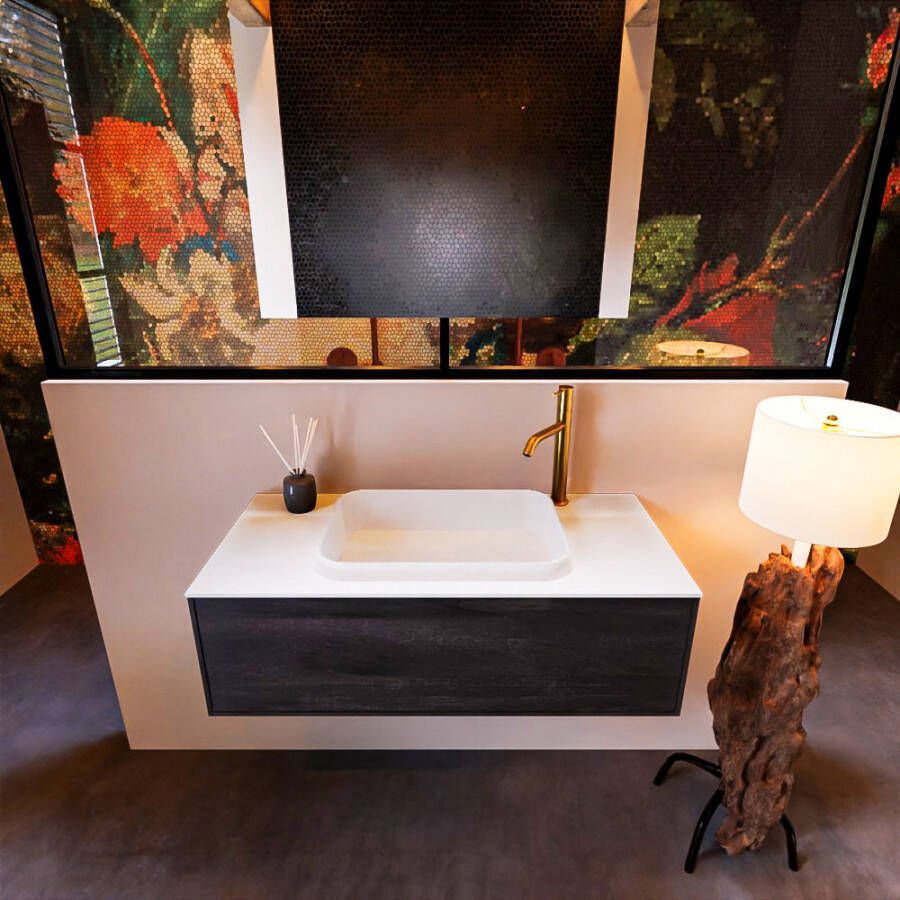 Mondiaz ERIN 100cm badmeubelset onderkast kleur Dark brown met 1 lade Wastafel RIDGE midden 1 kraangat kleur Urban ERIN11330