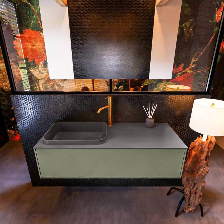 Mondiaz ERIN 120cm badmeubelset onderkast kleur Army met 1 lade Wastafel RIDGE links 1 kraangat kleur Dark grey ERIN11777