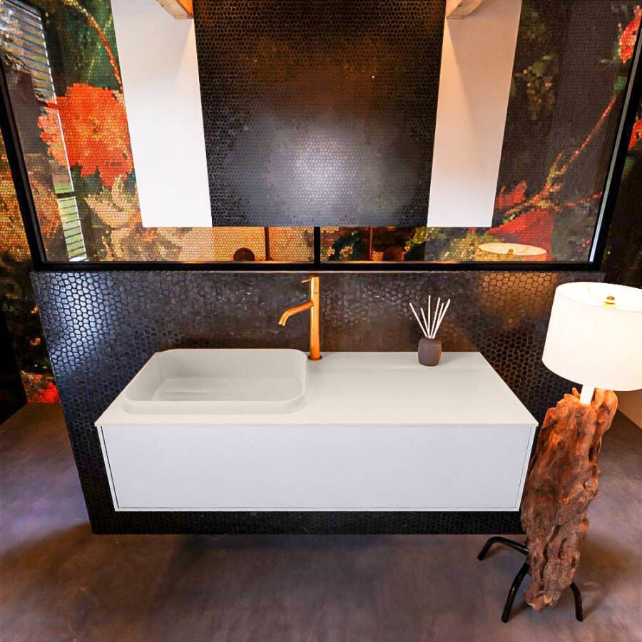 Mondiaz ERIN 120cm badmeubelset onderkast kleur Cale met 1 lade Wastafel RIDGE links 1 kraangat kleur Linen ERIN12457