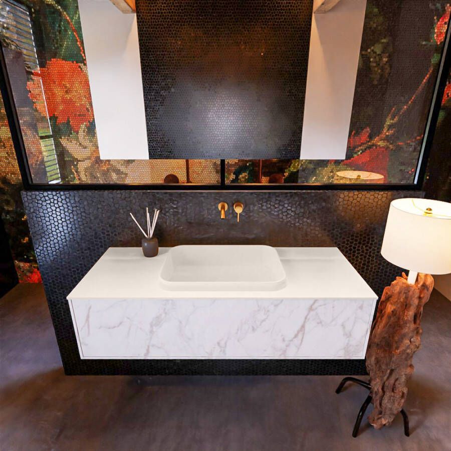 Mondiaz Badkamermeubelset Erin 120 cm met 1 Lade met RIDGE Wastafel Midden Urban Zonder Kraangaten Greeploos Mat Carrara